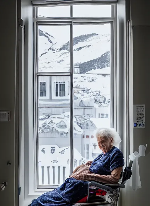 Prompt: medium shot, photo of a beautiful old woman hospital patient sitting in a norwegian hospital room with an iv drip, wearing a hospital gown, looking out window, smiling gently. studio lighting, beautiful lighting, calming, by charlie waite, max rive, caroline foster.