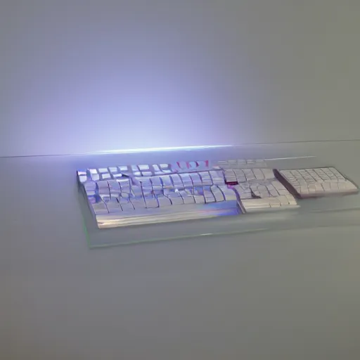 Prompt: an ultra high definition professional studio quality photograph of a transparent iridescent perspex pastel coloured keyboard on white coat hook in an empty white room. dramatic lighting, ray tracing, refraction, shallow d. o. f, colour corrected, golden ratio, three point light. volumetric shadows. god rays.