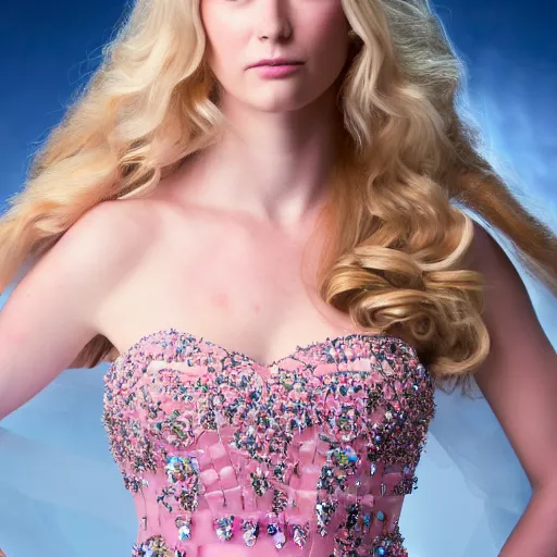 Image similar to a beautiful princess with long blonde hair and blue eyes wearing a strapless elaborately beaded pink dress, high resolution film still, 8k, HDR color, film by Simon Langton and David Frankel