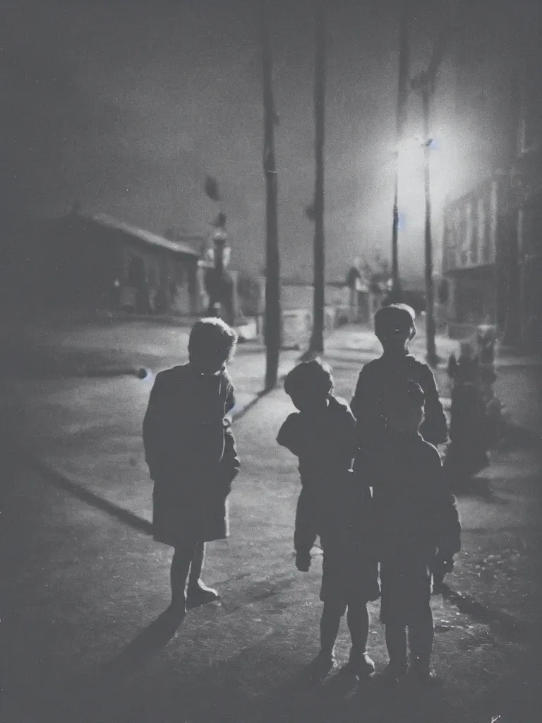 Image similar to two kids posing for a picture at night, dark, backlighting, small village, town square, old color polaroid