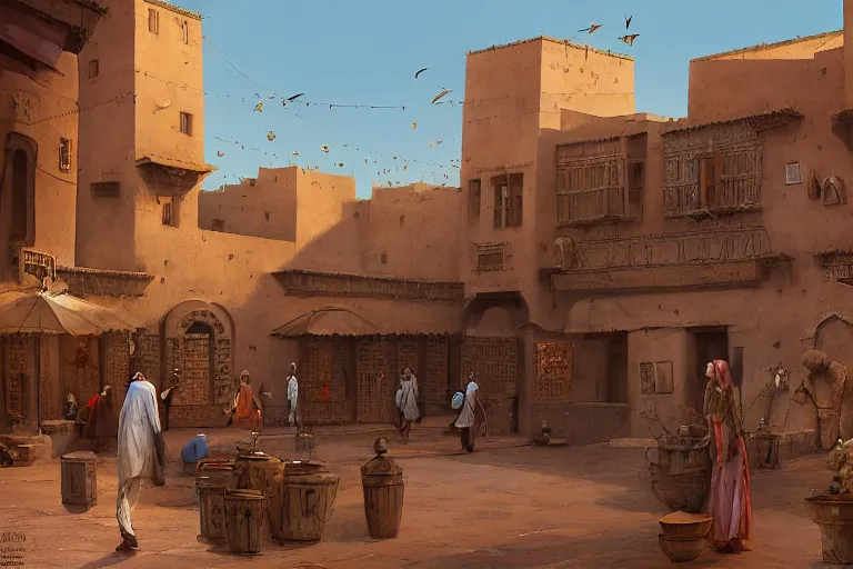 Prompt: at night low angle in the middle of a adobe house kasbah town, mud and brick houses, merchant street, pueblo dense architecture, colorful crowd. Huge Persian white temple in a plaza, round roof. Kite in the sky. Scenic view at night, underexposed, clean horizon, matte painting by craig mullins and dan mumford, dark fantasy, style of game of thrones, concept art trending on artstation, 4k, insane details