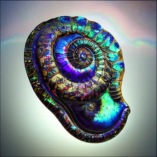 Prompt: mask, Art Nouveau cresting oil slick waves, hyperdetailed bubbles in a shiny iridescent oil slick wave, ammolite, dinosaur bone, detailed giant opalized ammonite shell, black opal, abalone, paua shell, ornate copper patina medieval ornament, rococo, organic rippling spirals, octane render, 8k 3D, druzy geode, cresting waves and seafoam, mask