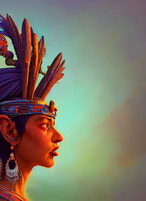 Prompt: full body side profile painted cartoony portrait, ancient indigenous mochica queen, d & d, gloomhaven, matte painting concept art, art nouveau, beautifully backlit, swirly vibrant color lines, fantastically gaudy, aesthetic octane render, 8 k hd resolution, by ilya kuvshinov and cushart krentz and gilleard james