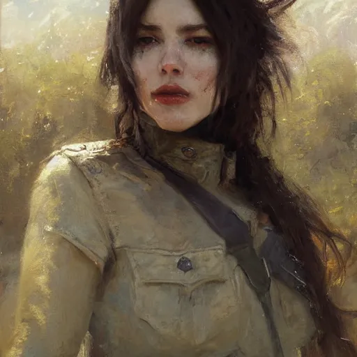 Image similar to Richard Schmid and Jeremy Lipking full length portrait photo of a beautiful ranger woman, dungeons and dragons, fantasy