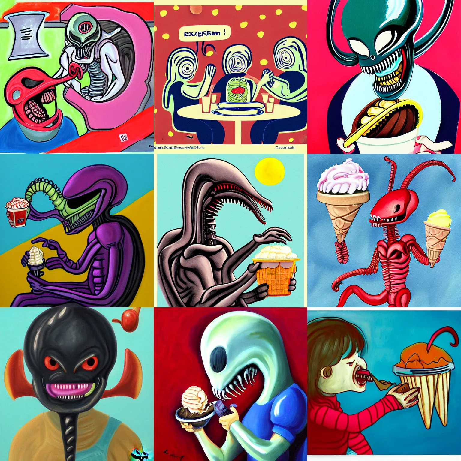 Prompt: xenomorph eat icecream by betty churcher