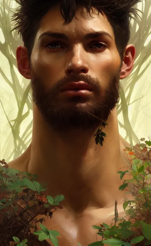 Image similar to young god of the forest, male, gorgeous, detailed face, clear face, amazing, muscular, intricate, highly detailed, digital painting, artstation, concept art, sharp focus, illustration, art by greg rutkowski and alphonse mucha