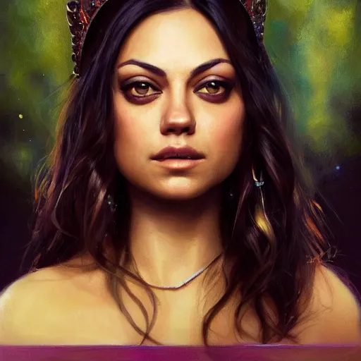 Image similar to closeup portrait of mila kunis as a beautiful radiant queen, crown, serene colors, lake background, complimentary contrast, dramatic lighting, masterpiece, high contrast, painted by stanley lau, painted by greg rutkowski, painted by stanley artgerm, digital art, trending on artstation