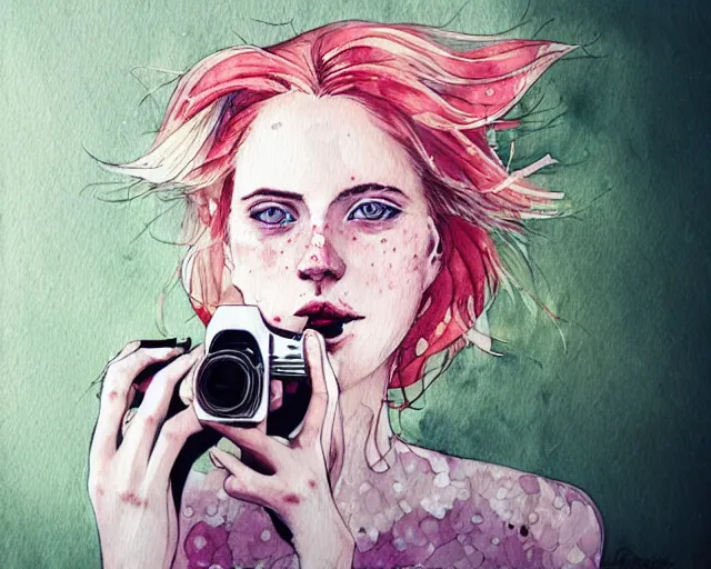 Prompt: pale young woman with bright blonde hair, freckles, big bright eyes and a very wide face, flowery dress, she is holding a professional dslr camera close to her face with her hands, expressive, surrealism, emotional watercolor art by conrad roset