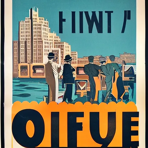 Prompt: 1930s poster of an infinite 70s office view from the bottom and some workers