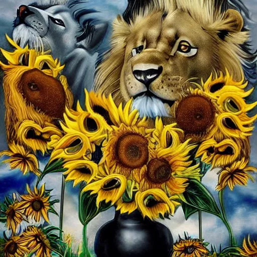 Image similar to lions and sunflowers 🌻🌫 in the style of salvador dali