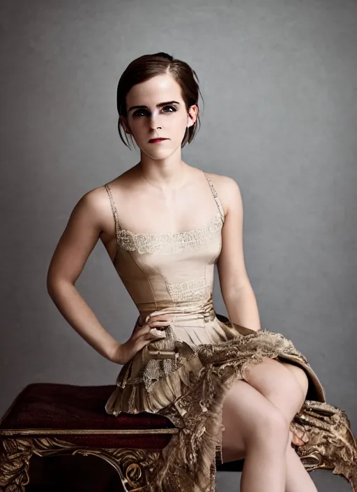 Image similar to Emma Watson for Victorian Secret, sitting on a chair, full length shot, extremely detailed, XF IQ4, 50MP, 50mm, f/1.4, ISO 200, 1/160s, natural light, Adobe Lightroom, rule of thirds, symmetrical balance, depth layering, polarizing filter, Sense of Depth