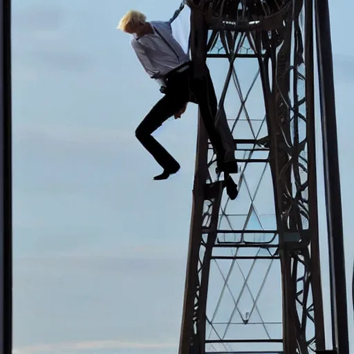 Prompt: Boris Johnson climbing the Eiffel Tower