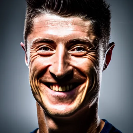 Prompt: Robert Lewandowski smiling while posing for a photo, award winning photography, HDR, studio lighting, dynamic pose, medium close shot, shot on Canon EOS R5, f/2.5,