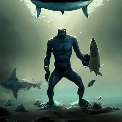 Image similar to shark man of 🤖 , digital Art, Greg rutkowski, Trending cinematographic artstation