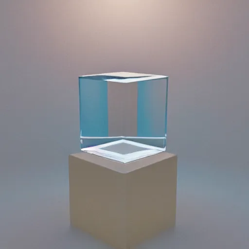 Image similar to an ultra high definition professional studio quality photograph of a transparent perspex cube shaped pastel coloured ashtray on a white plinth in an empty white room. dramatic lighting, ray tracing, refraction, shallow d. o. f, colour corrected, golden ratio, three point light.