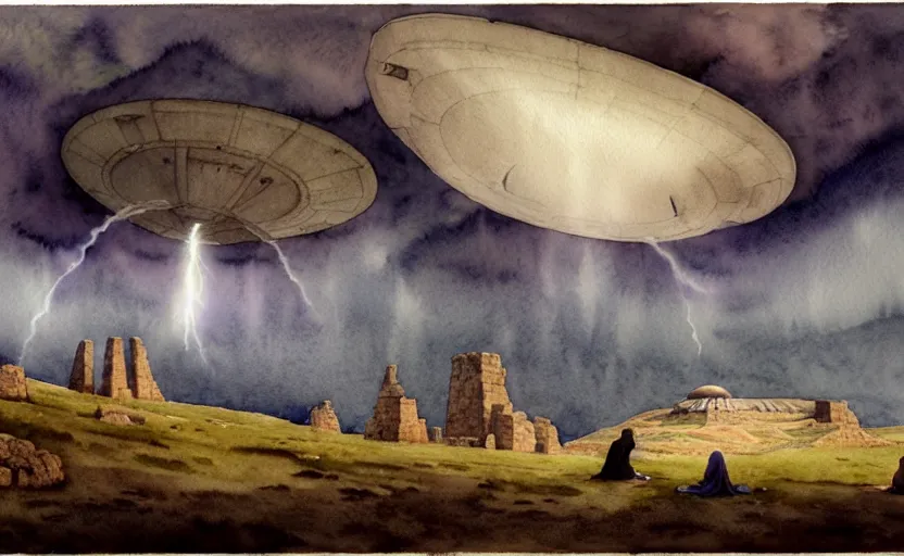 Image similar to a hyperrealist watercolor concept art of a giant ufo in the sky above gobekli tepe during a thunderstorm. a medieval monk in grey robes is in the foreground. very muted colors, by rebecca guay, michael kaluta, charles vess. high detail, hq, wide shot, 4 k