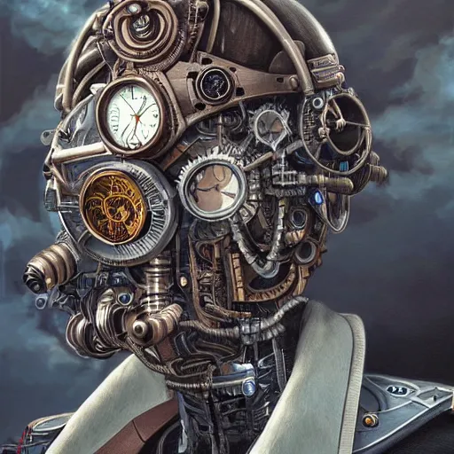 Prompt: portrait painting of a steampunk cyborg president, transhumanism, ultra realistic, concept art, studio ghibli, intricate details, eerie highly detailed