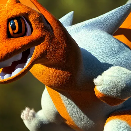 Image similar to high definition render, hyper realism, f / 4. 2, 5 0 mm sharp lens, shallow depth of field, pokemon : ( subject = charizard + subject detail = photo realistic, high detail, accurate features )