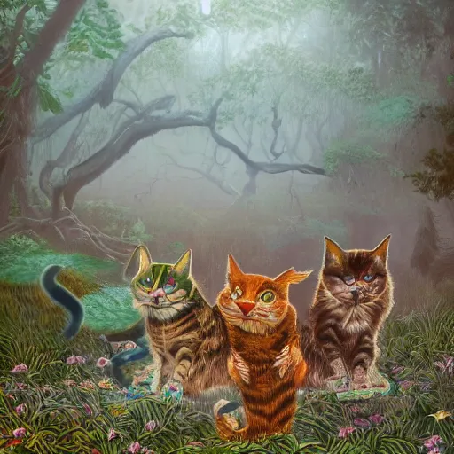 Image similar to A series of angry cats fighting with phoenix dogs in a murky forest with volumetric fog in the style of louis wain high detail trending on artstation octane render impasto