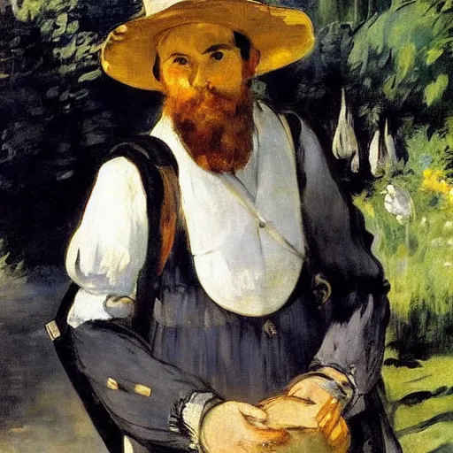 Image similar to A traveling merchant with a huge backpack full of wares. Fantasy, painted by Manet, portrait.