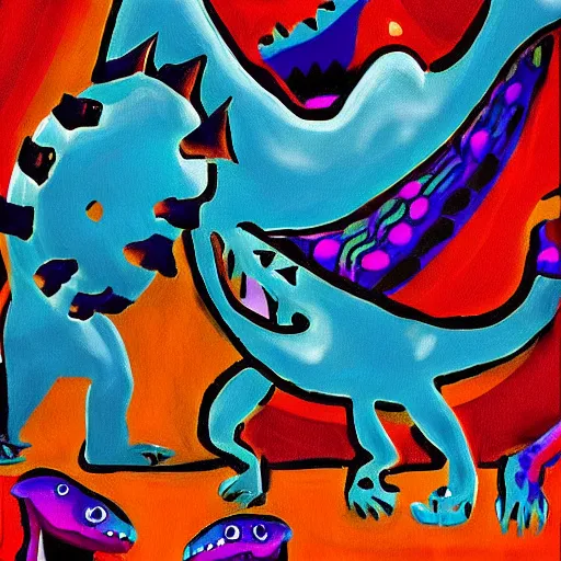 Image similar to “dinosaur singing karaoke detailed trex minimalism Matisse digital art oil painting”