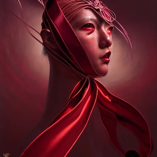 Image similar to chaotic burgundy satin ribbons instead of skin build image of mystic face, moebius, bao pham, donato giancola, larry elmore, masterpiece, trending on artstation, featured on pixiv, cinematic composition, beautiful lighting, sharp, details, hyper - detailed, hdr, 4 k, 8 k