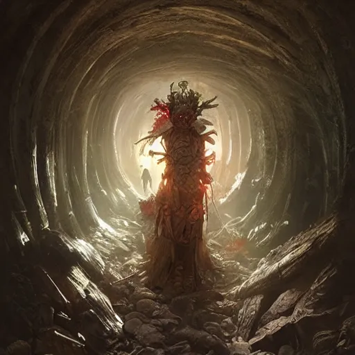 Prompt: the end is near, the light is at the end of the tunnel by arcimboldo, greg rutkowski