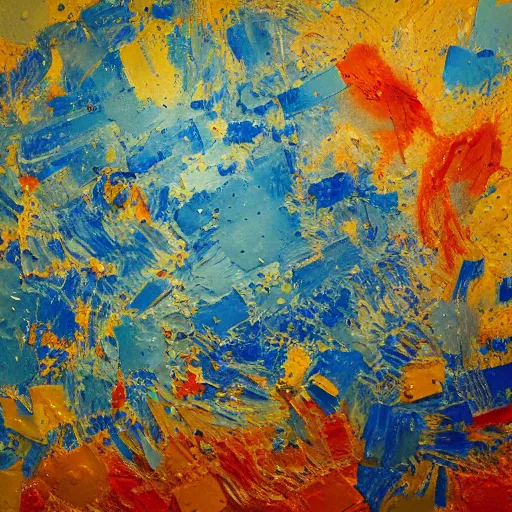 Image similar to oil paint impasto relief, italian blue mountain with fireworks, multi layered thick brush marks, some splattered paint, in the style of frank auerbach and monet and redon