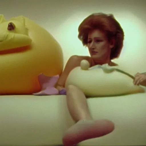 Image similar to still from a 1988 arthouse film about a depressed housewife dressed as a squishy inflatable toy who meets a handsome younger man in a seedy motel room, color film, 16mm soft light, weird art on the wall