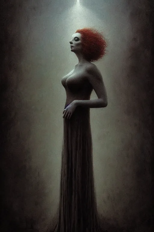 Image similar to full body portrait of christina hendricks, by zdzislaw beksinski, gothic, surrealism, cosmic horror, lovecraftian, cold hue's, warm tone gradient background, concept art, beautiful composition