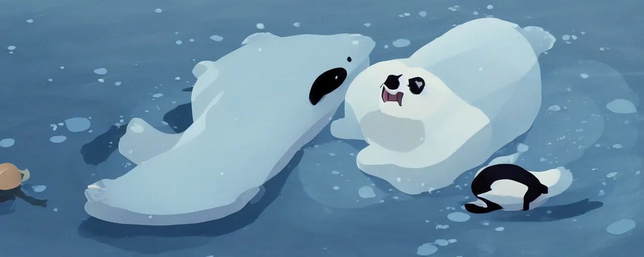 Prompt: a baby harp seal lying on ice looking worried, orcas in the water, atey ghailan, goro fujita, studio ghibli, rim light, ominous lighting, clear focus, very coherent,