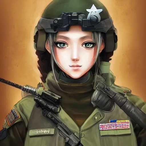 Prompt: anime girl in a united states army special forces uniform, cute face, digital art, portrait, anna dittmann