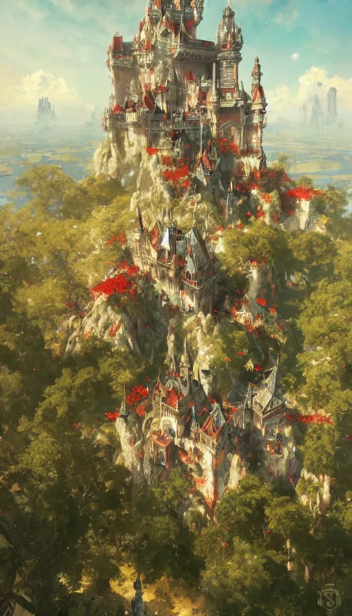 Image similar to castle seen from the sky being attacked by huge red army, cyberpunk, design on white background, beautiful details, lush foliage, drawn by john singer sargent, tom bagshaw, norman rockwell, alphonso mucha, lolish, trending on artstation