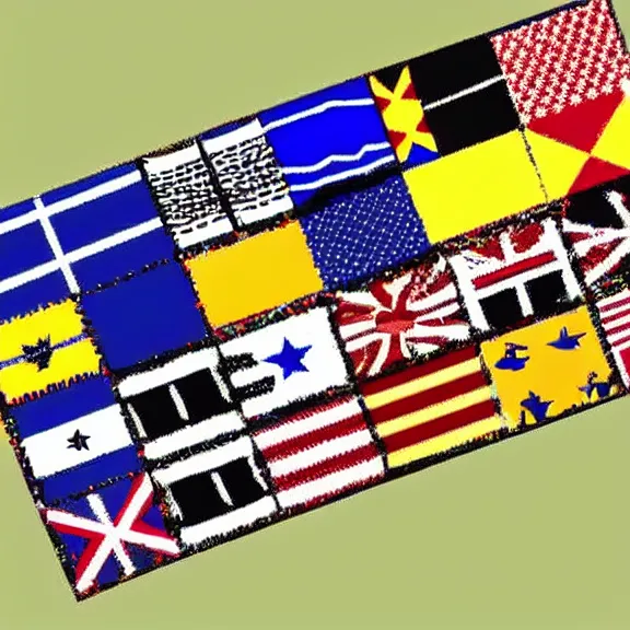 Prompt: a very unusual country flag being flown, bizarre design, odd patterns, mismatched colors