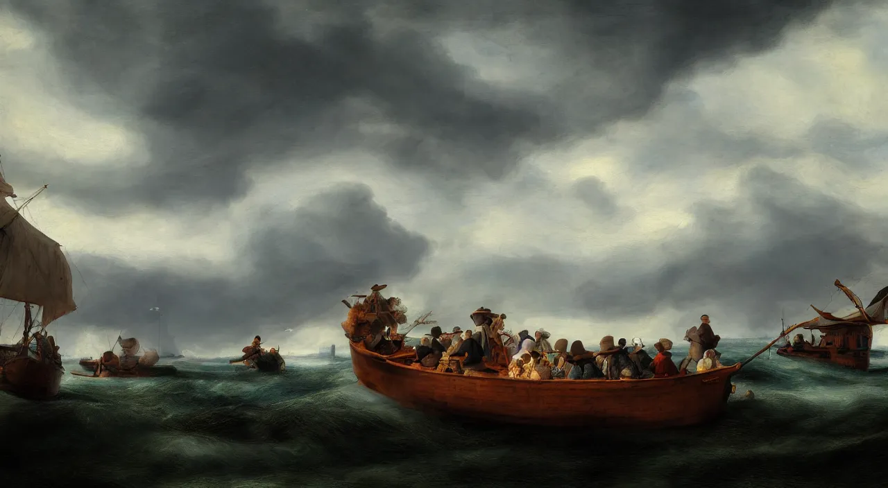 Prompt: wide shot of amish in a tiny boat dragging a megalodon out of a wild sea, drawn by rembrandt, lush greens, giant clouds, volumetric lighting, 8 k, trending on artstation, dark blue sky, highly detailed, professional digital painting, stunning, gorgeous, epic, cinematic