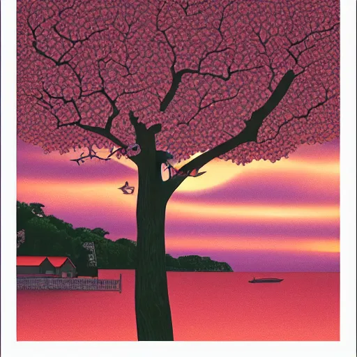 Image similar to birds on cherry tree, Changelingcore, serene, graceful, sunset photo at golden hour, Kodachrome, digital painting by M. C. Escher