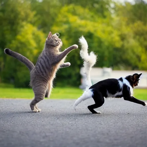 Image similar to a cat fighting a dog, professional photography