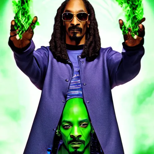 Prompt: Snoop Dogg starring as a futuristic Marvel Super Hero holding green fire for a 2019 Marvel Movie, Studio Photograph, portrait C 12.0