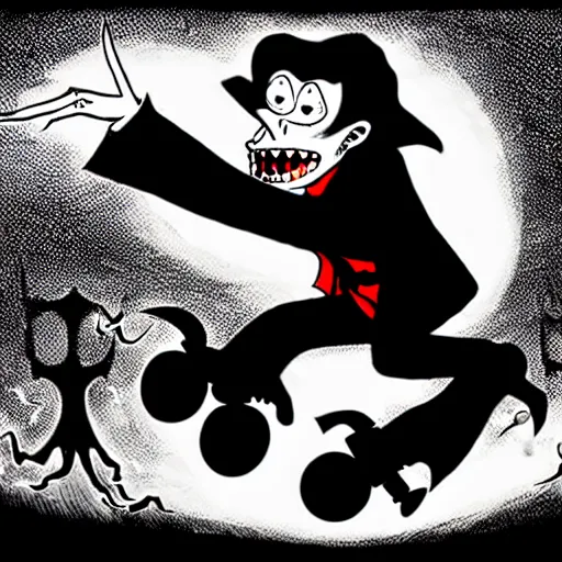 Image similar to black and white trippy comic art of dracula the vampire vampire vampire roller skating on roller skates, drawn by martin rowson, tim burton, studio ghibli, alex pardee, nekro petros afshar, james mcdermott, cgsociety 4 k