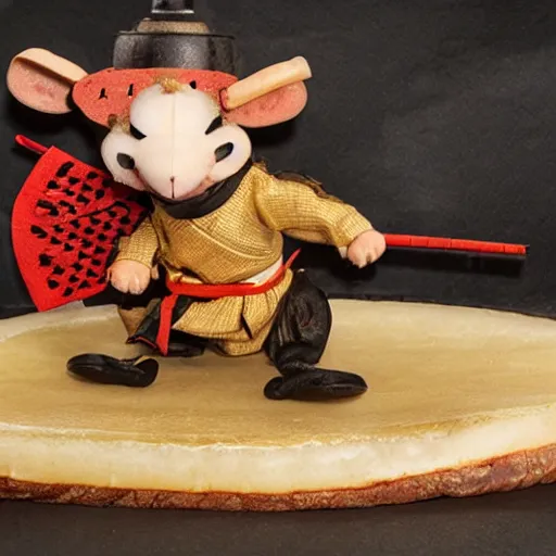 Image similar to Samurai fighting rat sitting on cheese