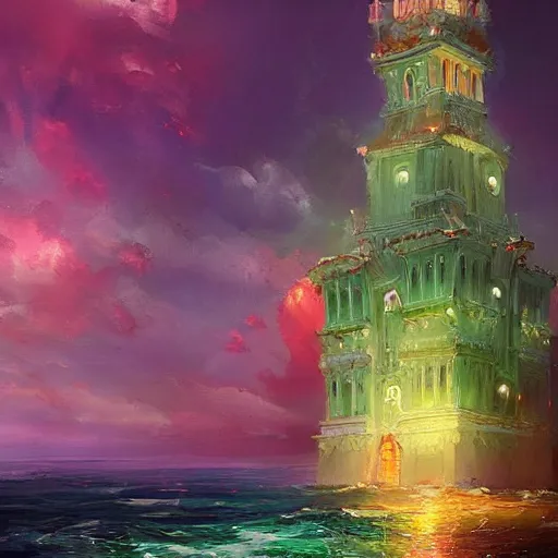 Image similar to a delicate ornate white fantasy tower with pink and green decoration splashes upwards from a turbulent ocean, dramatic lighting, rich colors, beautiful oil painting, artstation, whole tower can be seen.