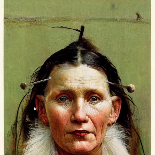 Prompt: Frontal portrait of a white-skinned tribal woman. A portrait by Norman Rockwell.