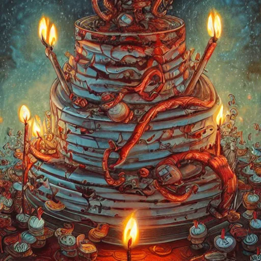 Image similar to epic view of a giant birthday cake with lit candles by junji ito and james jean and esao andrews, cake, candles, 4 k, hyperdetailed, hyperrealistic, trending on artstation, pencil art on paper, horror, dramatic lighting