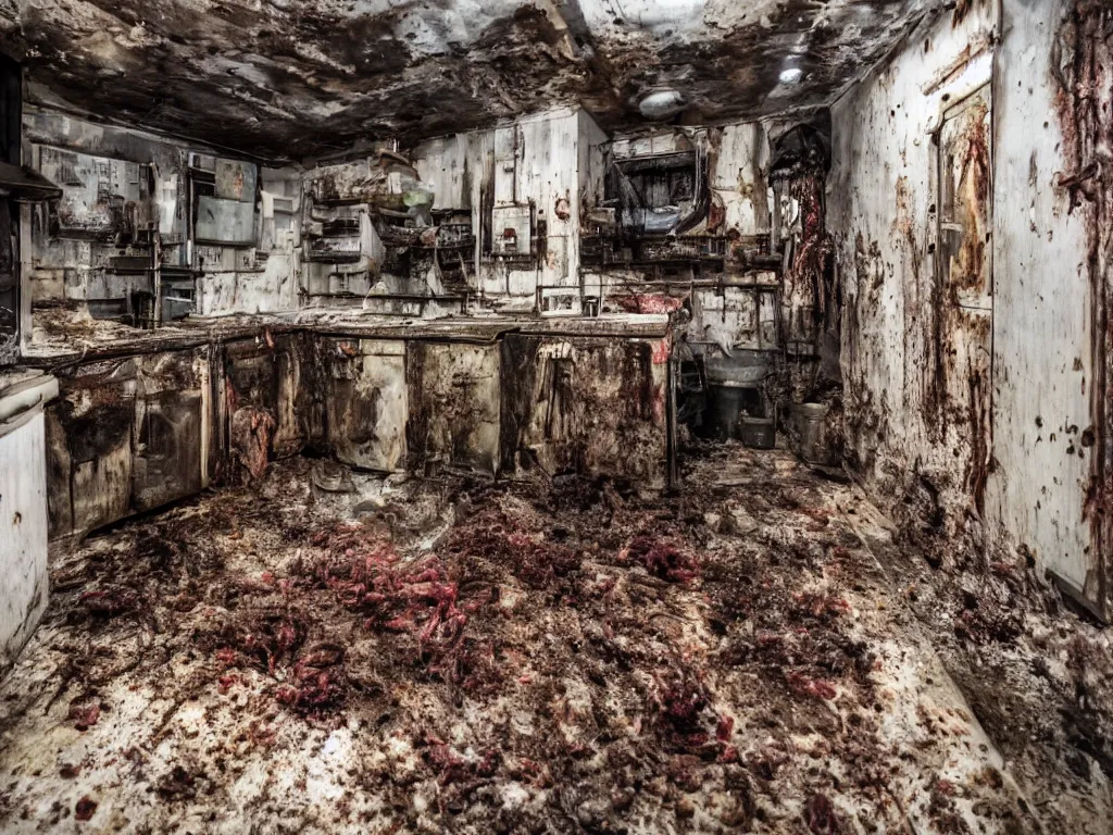 Prompt: a house made of disgusting dirty filth grime meat at night realistic hyperdetailed photography