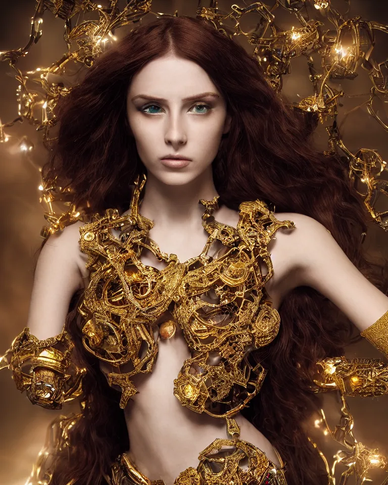 Prompt: a stunning young female cyborg made of gold, gemstones, diamonds, by pre - raphaelite brotherhood, unreal engine, glamor shot, nikon d 7 5 0, closeup, f / 2. 8, low contrast, 1 6 k, rim lighting, optical fiber, cinematic lighting, insanely detailed and intricate, hypermaximalist, elegant, ornate, hyper realistic