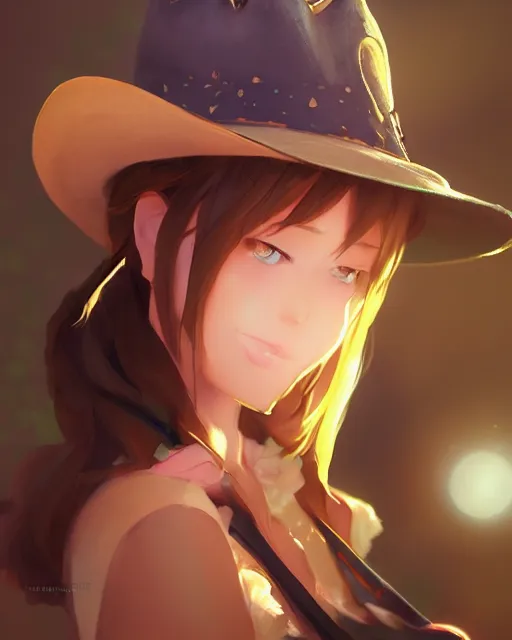 Image similar to a very cute cowgirl wearing a hat with cat ears, medium shot, ambient lighting, visible and detailed face, by makoto shinkai, stanley artgerm lau, wlop, rossdraws