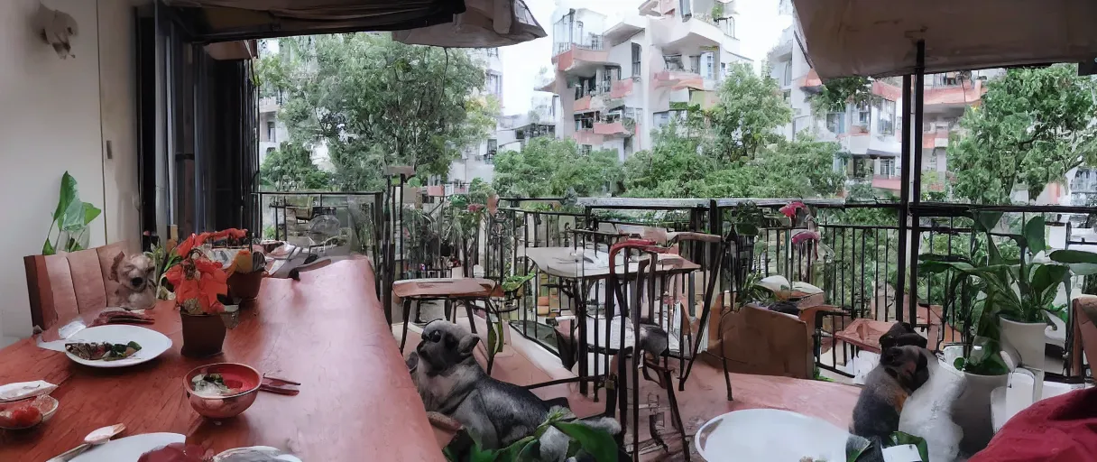 Image similar to dinner at a friends place, they have a small apartment with balcony and a puppy, the food is chinese