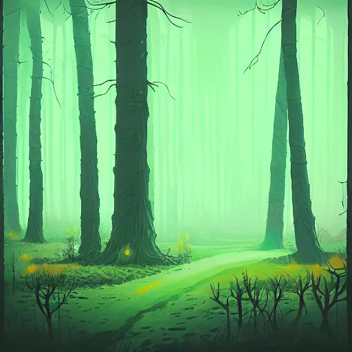 Image similar to “inside the Kokiri Forest from LOZ: OOT digital art in the style of Simon Stålenhag. Trending on artstation”