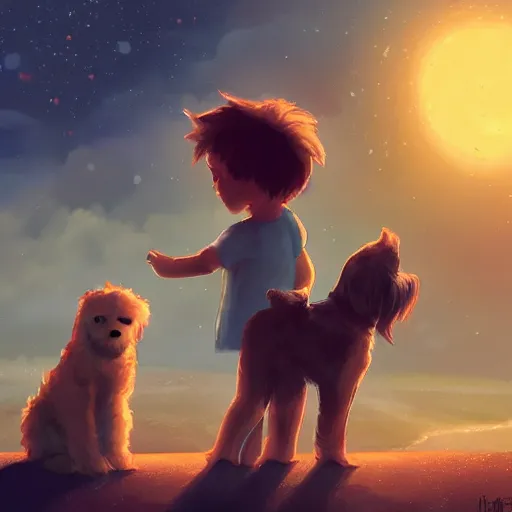 Image similar to a kid and a dog staring at the stars, digital art, artstation, 4k