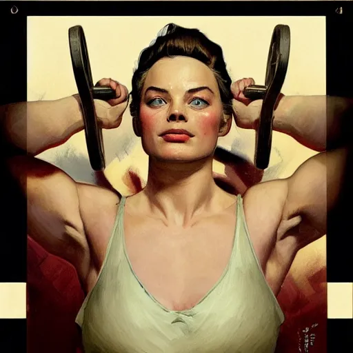 Image similar to socialist realism propaganda poster of margot robbie as beautiful female weightlifter, portrait, profile picture, socialist realism, highly detailed, intricate, digital painting, artstation, sharp focus, illustration, art by jakub rozalski, greg rutkowski, artgerm, tan zi and ayanamikodon and alphonse mucha and wlop